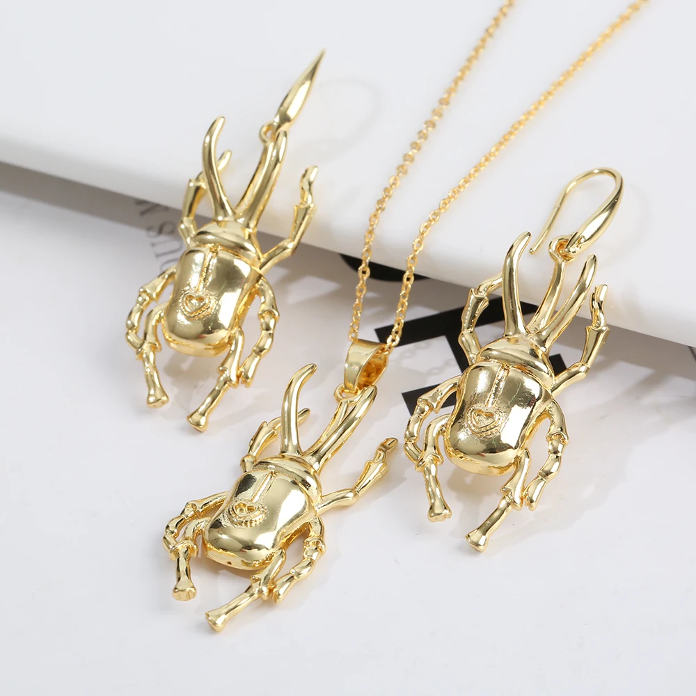 Temperament Set New Metal Geometry Animal Beetle Pendant Necklace Earrings For Women 18K Plating Gold And Silver Luxury