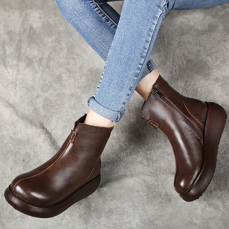 Warm Winter Wedge Ankle Boots 6cm Natural Genuine Leather Women Moccasins Platform Autumn Spring Motorcycle Plush Shoes
