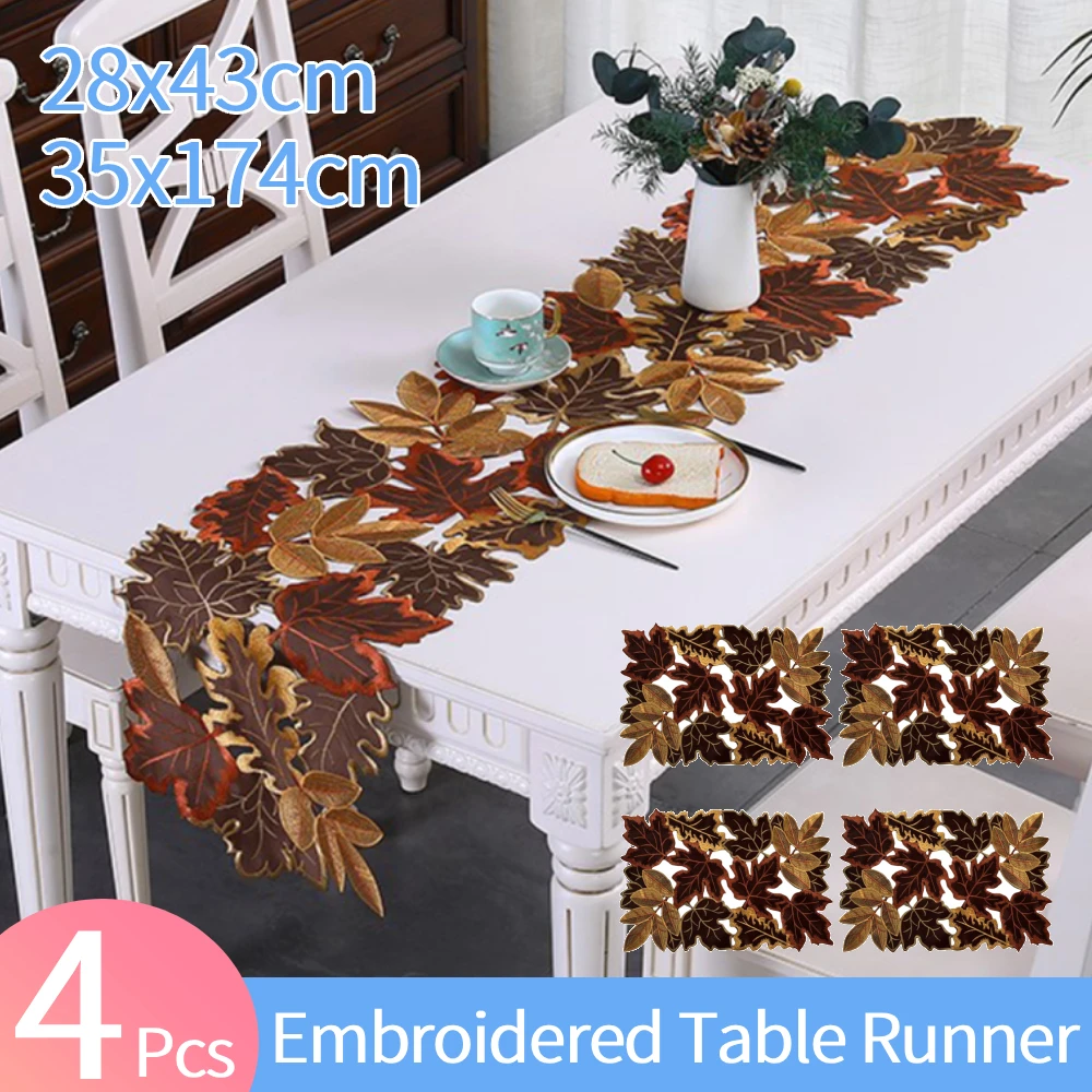 4Pcs Autumn Maple Leaf Embroidered Table Runner Fall Embroidered Maple Leaves Placemats for Autumn Harvest Thanksgiving Decor