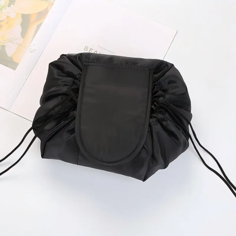 Large Capacity Black Polyester Makeup Bag, Drawstring Closure Lazy Drawstring Makeup Bag Pouch Storage Organiser for Women Girl