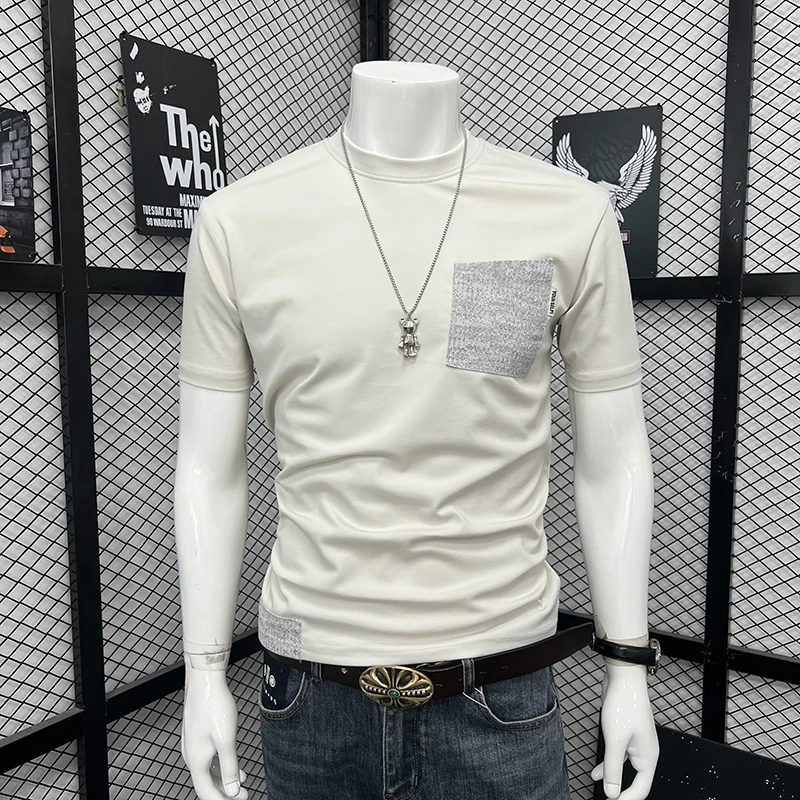 Men T-shirt Summer Crew Neck Contrast Color Pocket Design Loose Casual Tee Street Trend Versatile Comfort Male Everyday Tops