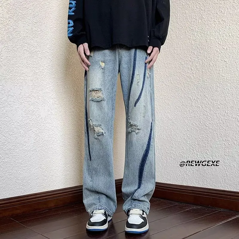 

Men's Loose Straight Leg Jeans Large Size 250 Pou Hole Design American Retro High Street Faionable Wear Resistant