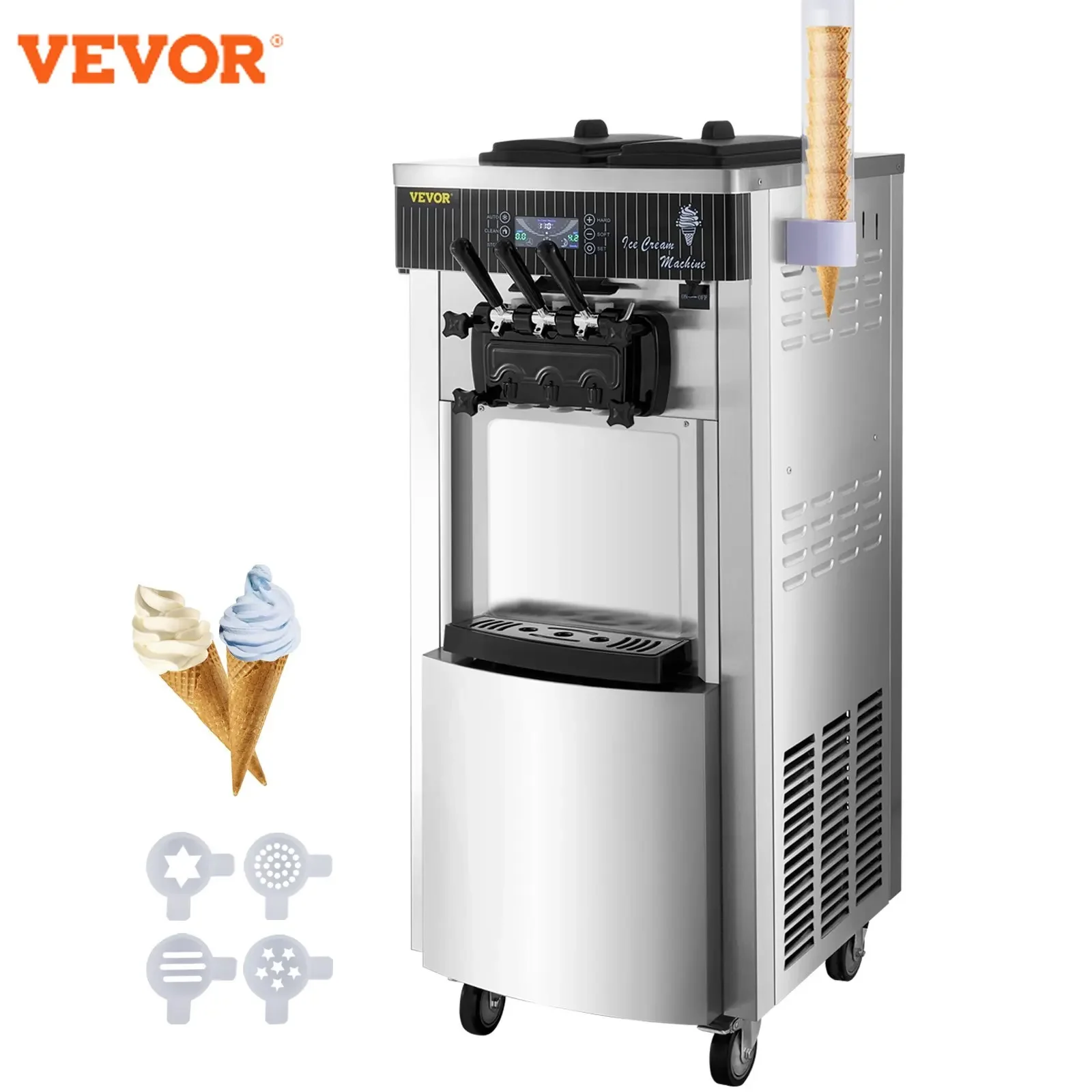 VEVOR 2200W 20-28L/H Commercial Ice Cream Machine Mix Flavor Ice Cones Maker LED Screen