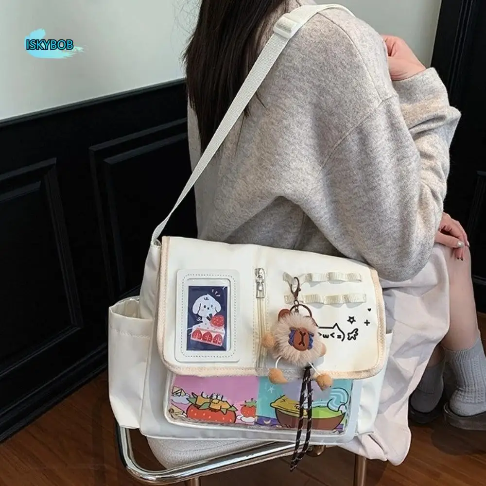 

Lightweight Waterproof Transparent Crossbody Bag Kitten Pattern Badges Display Plate Japanese Harajuku Bag PVC Soft Nylon