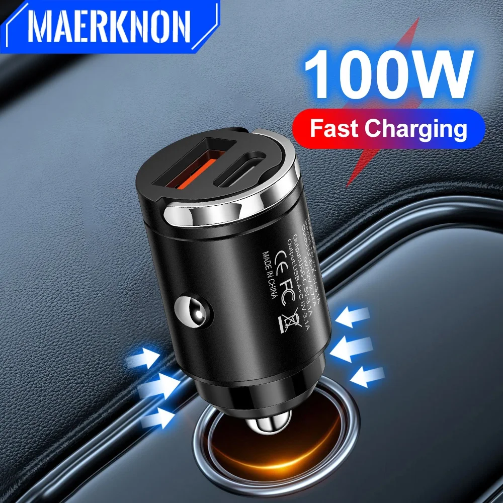 100 W Dual Ports USB Auto Telefon Ladegerät Mit Mini Pull Ring Schnelle Lade Ladegerät Handy Power Adapter für Oneplus Xiaomi 14