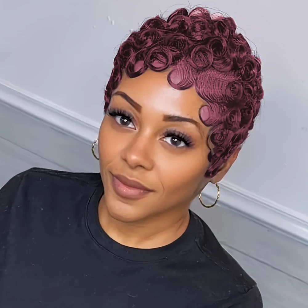 Pixie Cut Wig Short Curly Wave Human Hair Wigs For Women Full Machine Made Wig 150% Density 6 Inch