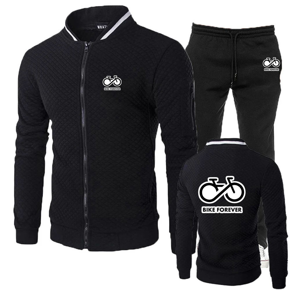

Весенне-осенний мужской новый облегающий комплект с принтом Bike Forever, повседневная куртка с воротником-стойкой + брючный спортивный костюм