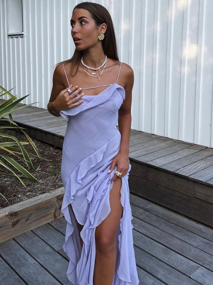 Woman Elegant Purple Ruffle Sling Dress Fashion Solid Backless Slip Long Dresses Summer Sexy Female Party Evening Dresses