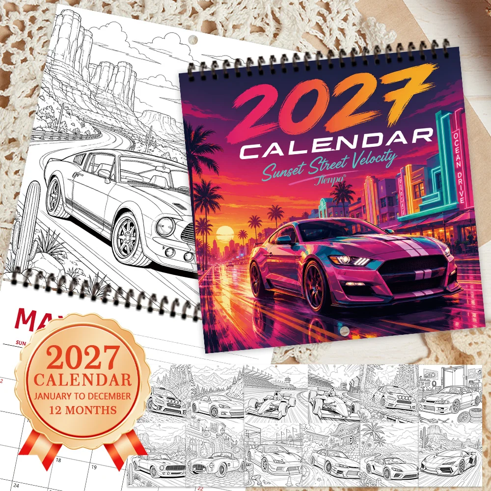 1pc 2027 Sports Car Coloring Wall Calendar,12‑Month Planner,Gift For Back‑to‑School,Christmas,New Year,Free Stickers Included