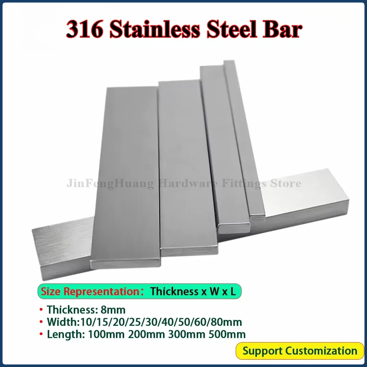 

316 Stainless Steel Bar Plate Rod Thickness 8mm Width 10/15/20/25/30/40/50/60/80mm Length 100mm 200mm 300mm 500mm Flat Bar