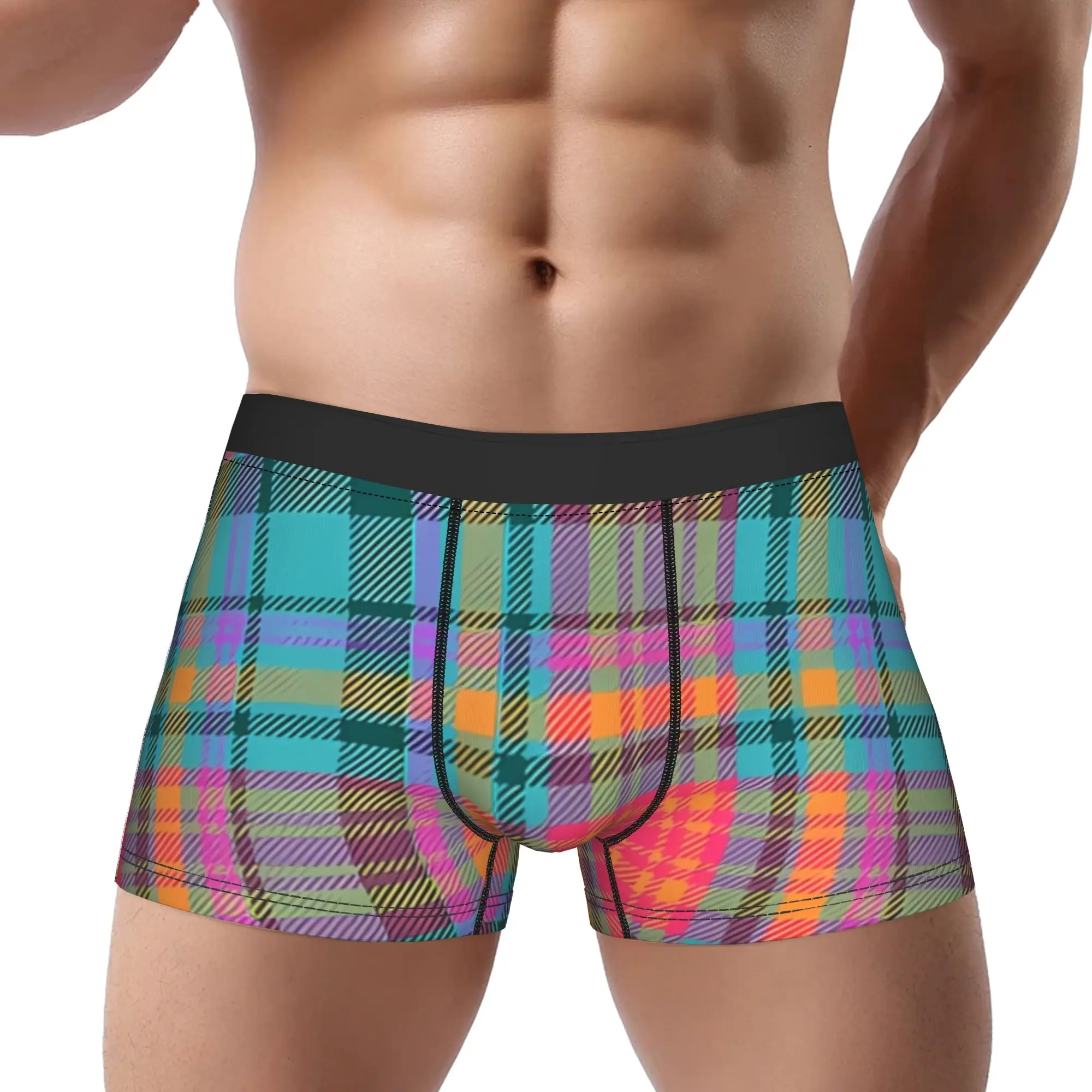 

Neon Tartan In Turquoise And Pink Accents Scottish Tartan Underpants Panties Men's Underwear Print Shorts Boxer Briefs