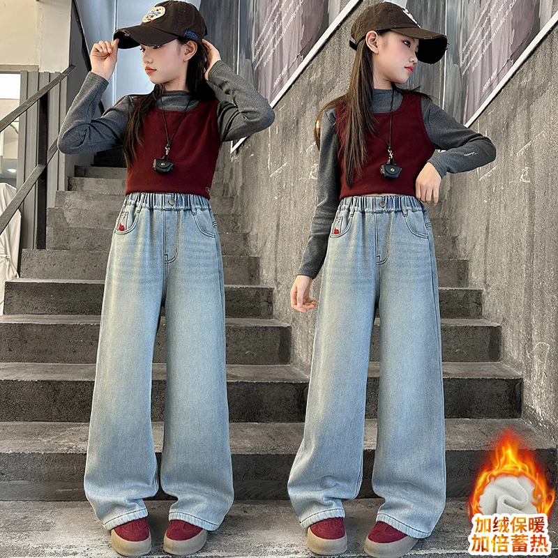 الخريف الشتاء في سن المراهقة الفتيات أفخم الجينز الصغار جيب المطرزة الدنيم بنطال ذو قصة أرجل واسعة 4 6 8 10-14 الطفل السراويل المخملية سميكة #1