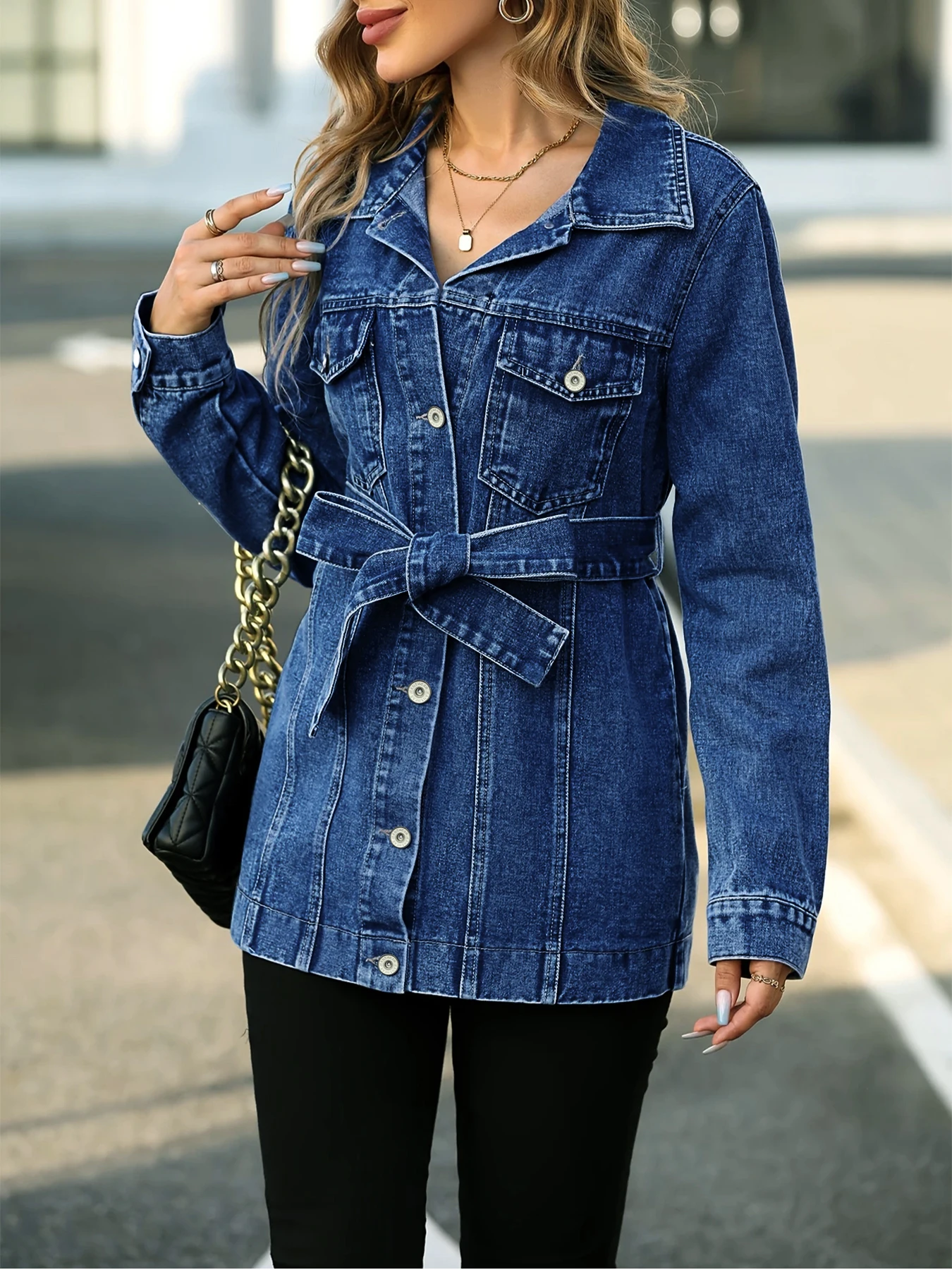 

Plus Size Women's Belted Denim Jacket, Long Sleeve Button Down Lapel Jean Coat with Waist Tie for a Slimming Silhouette