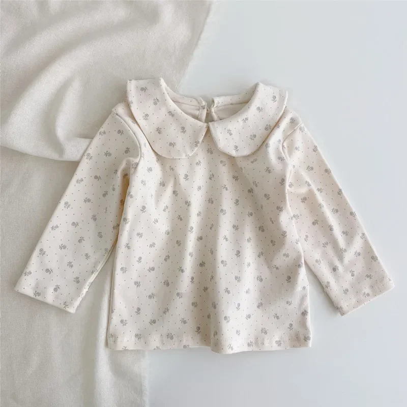 HoneyCherry Autumn Baby Cotton T-shirt Long-sleeved Lapel Plaid Floral Cute Top Girls Clothes