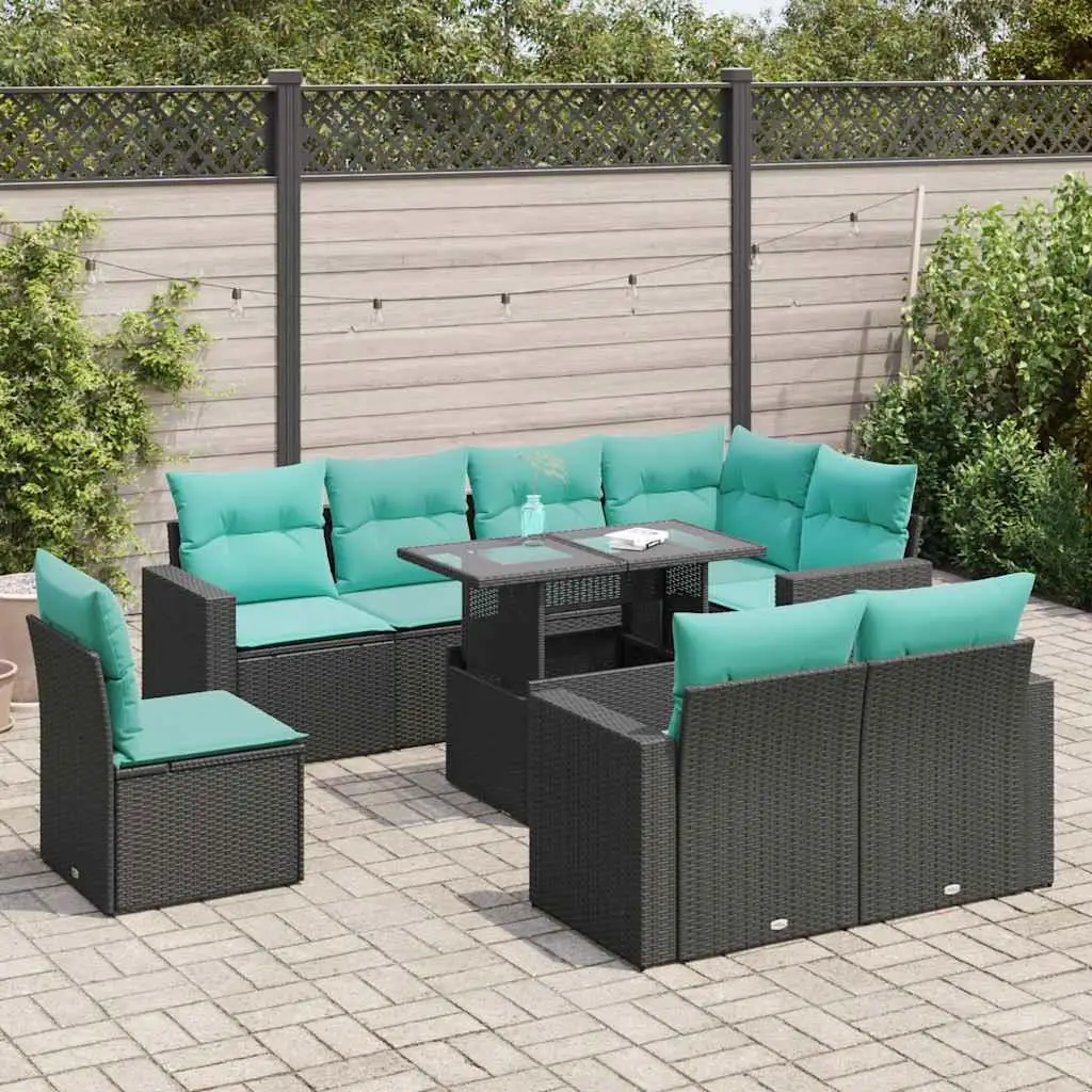 

9 Piece Outdoor Patio Sofa Set Cushioned Black Poly Rattan Acacia Furniture