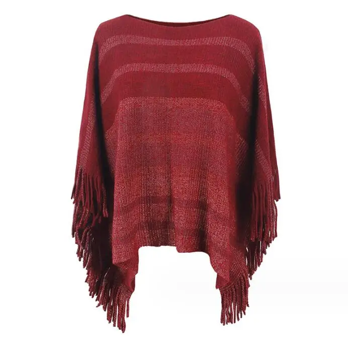 Knitted Sweater Women Slash Neck Tassel Shawl Style Sweater Autumn Thin Striped Cape Knitted Outwear