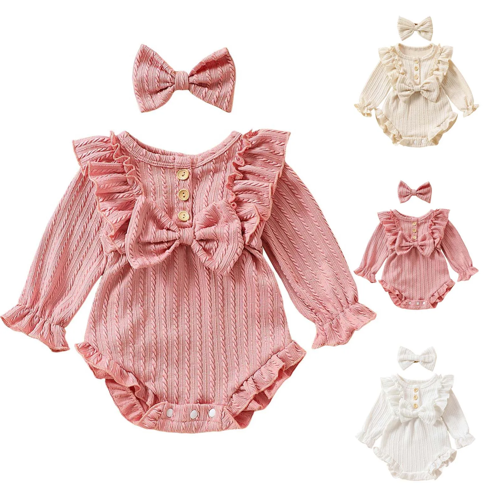 

Baby Girl Romper Set Princess Style Long Sleeve Bowknot Sweet Bodysuit With Headband Two Piece Set Infant Toddler Outfit Suit
