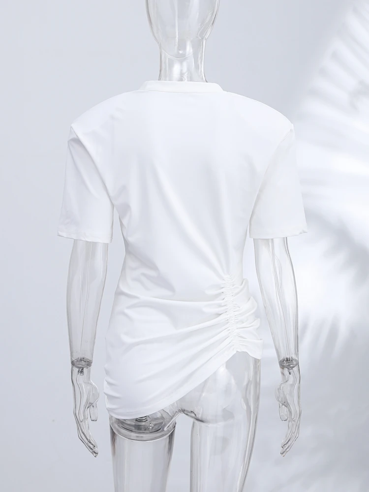 Lässiges, schickes, weißes, plissiertes Design-Top für Damen, trendiges, kurzärmliges, unregelmäßiges T-Shirt mit Rundhalsausschnitt, für den täglichen Pendelverkehr, Street-Outfit, neu – Detail 6