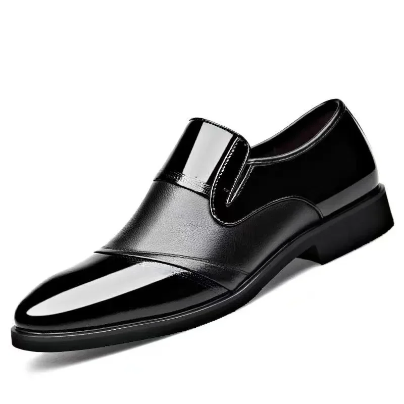 Black Patent PU Leather Shoes Slip on Formal Men Shoes Plus Size Point Toe Wedding Shoes for Male Elegant Business Casual Shoes