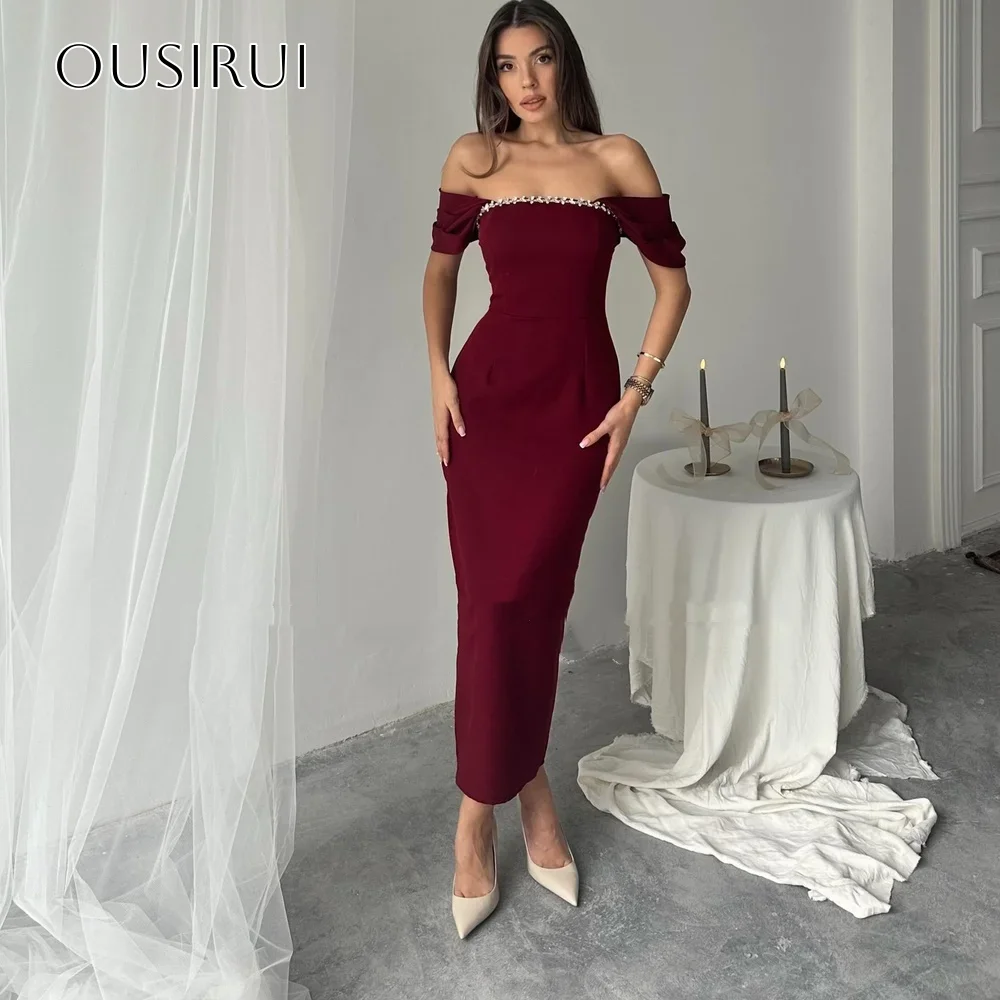 

Атласные коктейльные платья-футляры с открытыми плечами для женщин, расшитые бисером, индивидуальные длиной до щиколотки, уведом אר tipo فساتين سهره