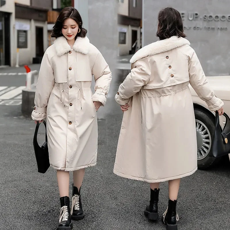 2023 New Women's Winter Coats Korean Loose Mid-Long Plus Velvet Windbreaker Thick Padded Jacket Tooling Jacket Parkas