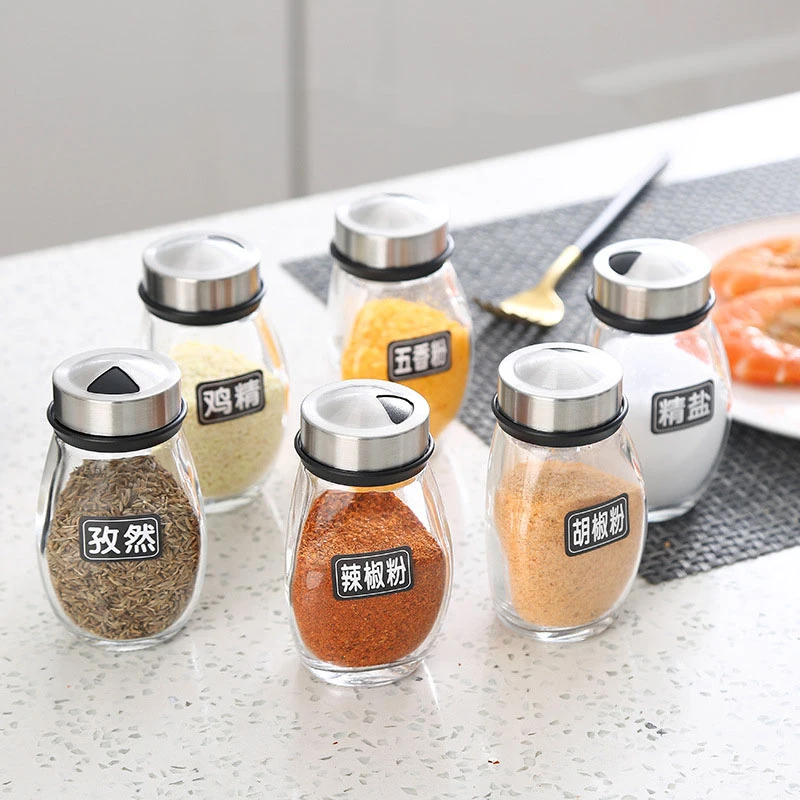 1/7pcs Spice Jar Set Rack Glass Organizer Rotating Glass Seasoning Sugar Pepper Bottles Salt Shakers Holder