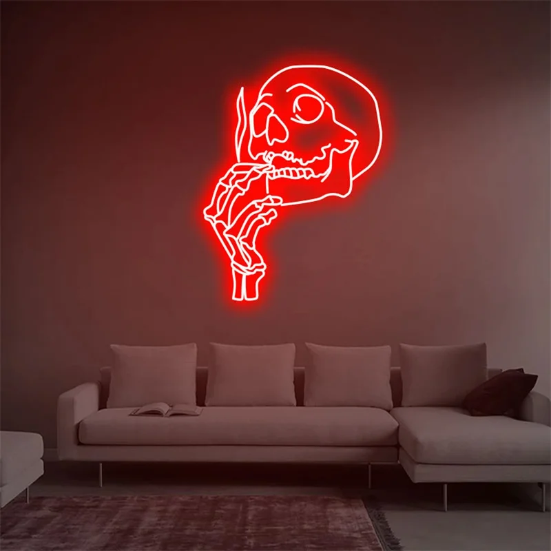 Smoking Skull Head Neon Sign, Custom, Handmade Art, Neon Light, White Vibes para Decoração de Parede, Presentes Estéticos Personalizados