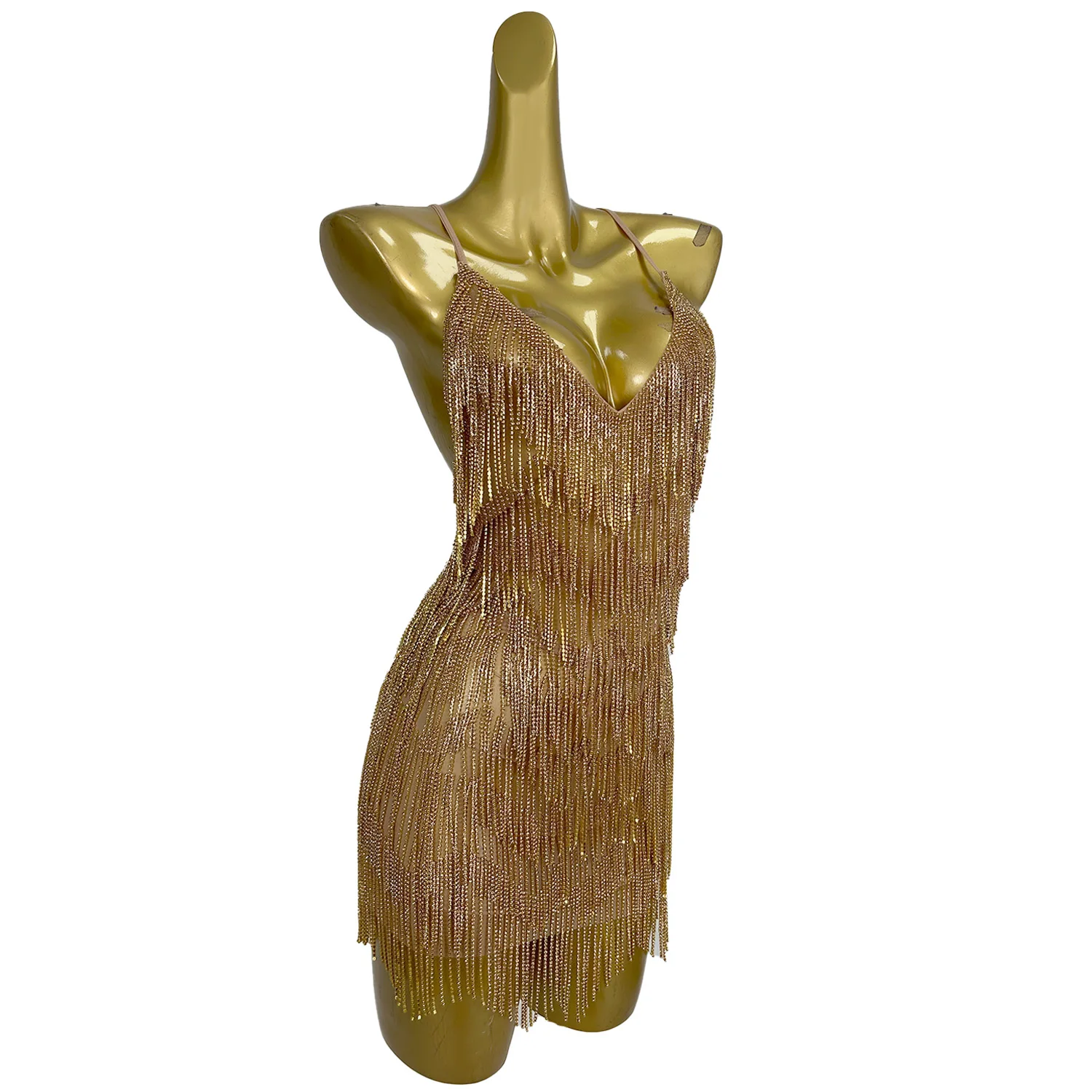 Robe Camisole à franges dorées scintillantes, Sexy, dos nu, robe de spectacle de danse latine, boîte de nuit, robe de soirée de vacances, tiaoyuanxiao