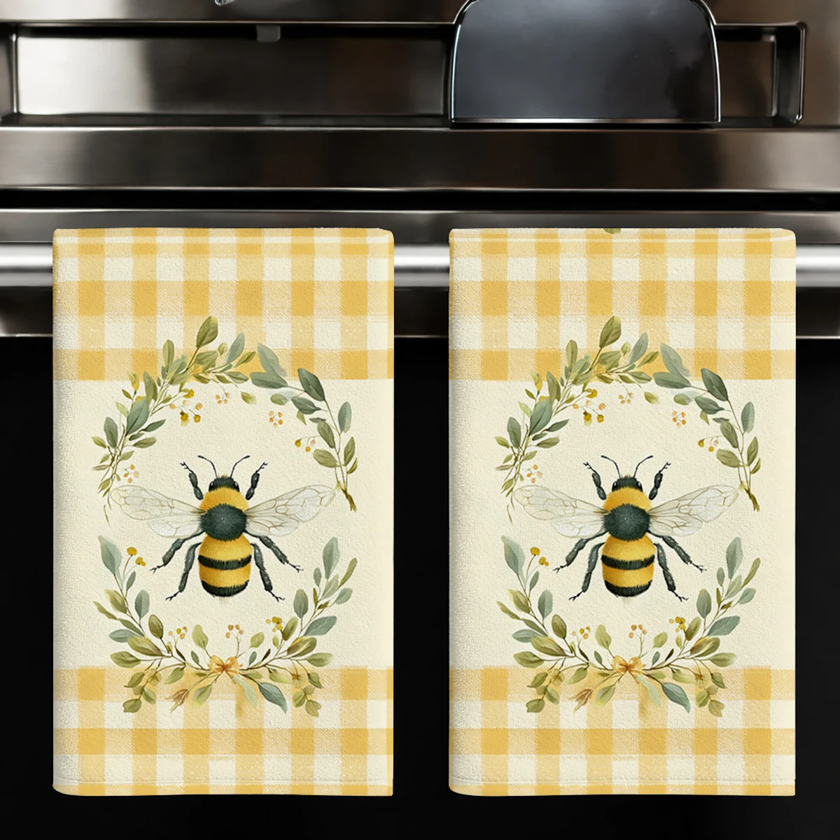 

Sunflower Wreath & Plaid Pattern Polyester Dish Towel, Kitchen Towel, Dish Cloth - Stylish Linen For Home Kitchen Daily Use