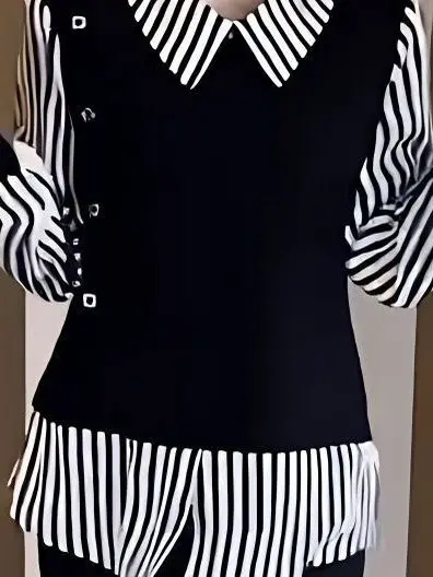 

Slimming Effectiveness Casual Stripe Patchwork Long Sleeve Shirt Fake Two-Piece Style Women's Fashion Top Thinming Base Layer