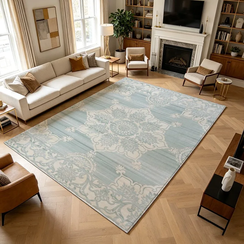 1 Piece Soft Woven Light Blue Cream Ornate Floral Damask Rug, Soft and Cozy, All-Season, Easy to Maintain, Ideal for Living Room, Bedroom, Dining Room Decor, Autumn and Winter