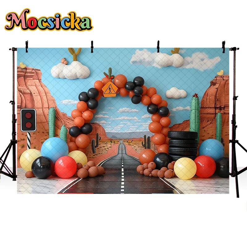 Photography Background Route 66 Race Car Balloon Decor 1st Birthday Party Boys Cake Smash Kids Portrait Backdrop Photo Studio