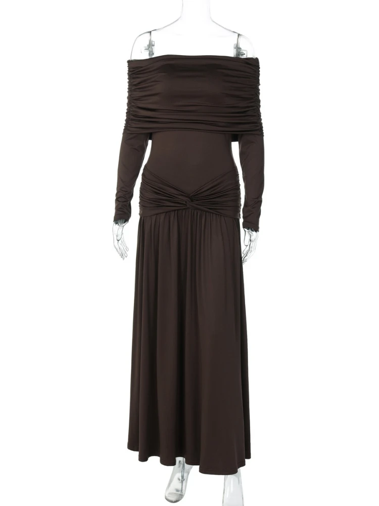 เดรสยาวทรงพลีทคอเฉียง ดีไซน์หรูหราจาก FDYOUI สำหรับผู้หญิง ฤดูใบไม้ร่วง 2025 แขนยาว แต่งระบาย  ชุดเดรสออกงาน ชุดราตรีสำหรับงานพรอม