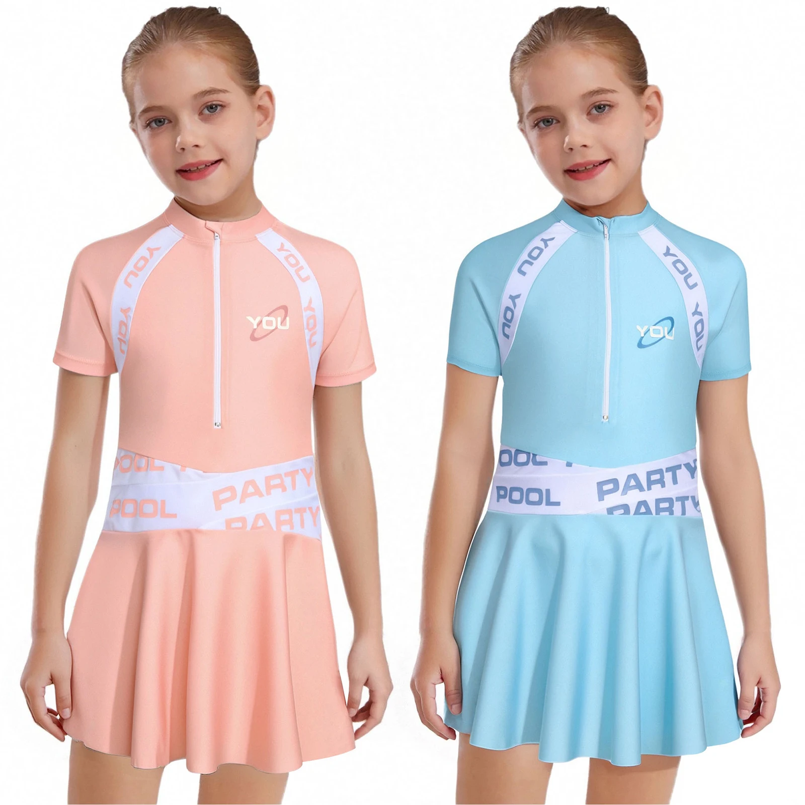 Kids Girls 2PCS Swimsuit Bathing Suit Short Sleeve Letter Printed Dress with Shorts for Swimwear Swimming Vacation Beachwear