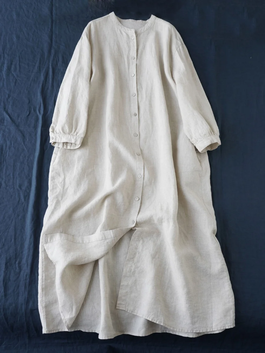 Women's Long irt Dr Pure Linen Cotton Linen Loose Fit Stand Collar Summer 2024  Color Casual Forest System