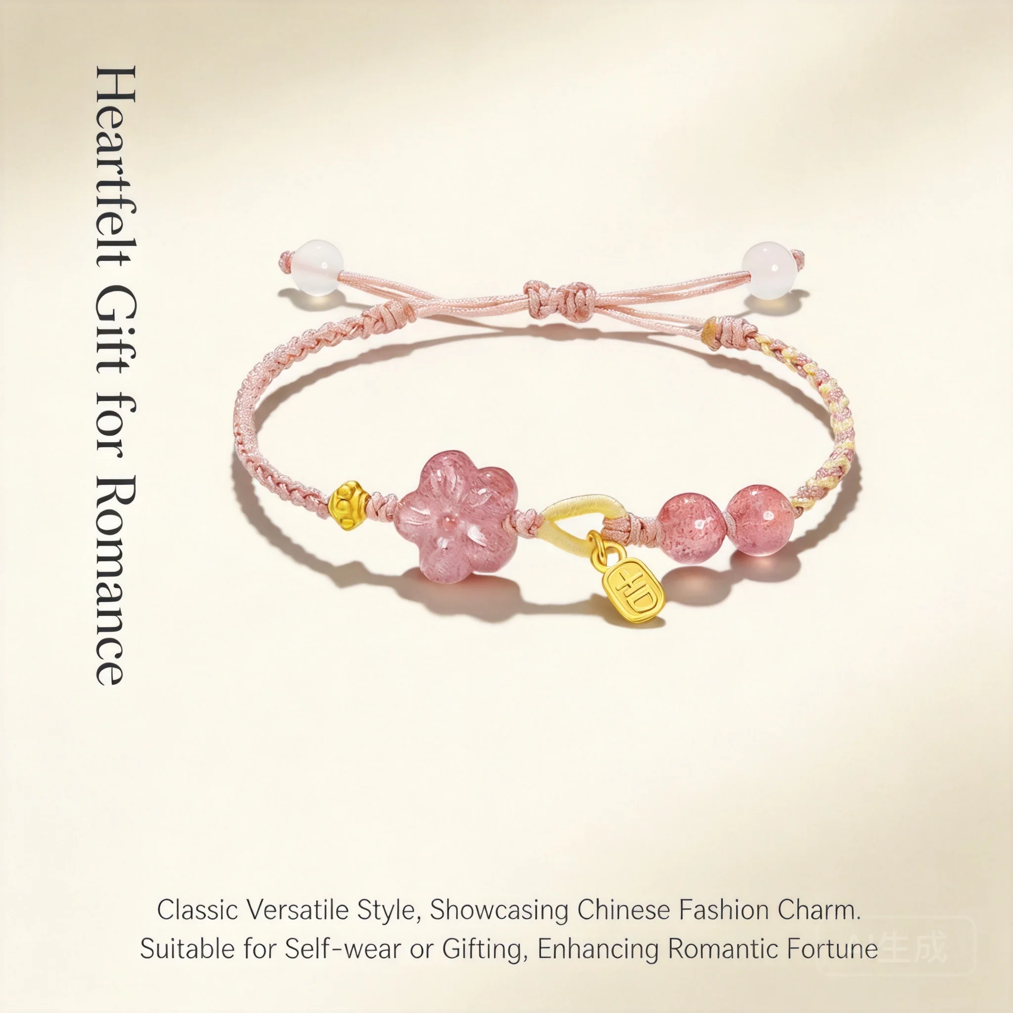 Natural Chinese Style Lucky Strawberry Quartz Peach Blossom Braided Bracelet Auspicious Ji Character Charm Adjustable Friendship
