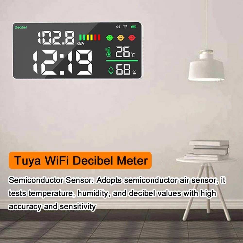 Tuya WiFi Decibel Meter 4in1 Temperature Humidity Decibel Test 11inch LED Intelligent Linkage APP Control Noise Decibel Meter