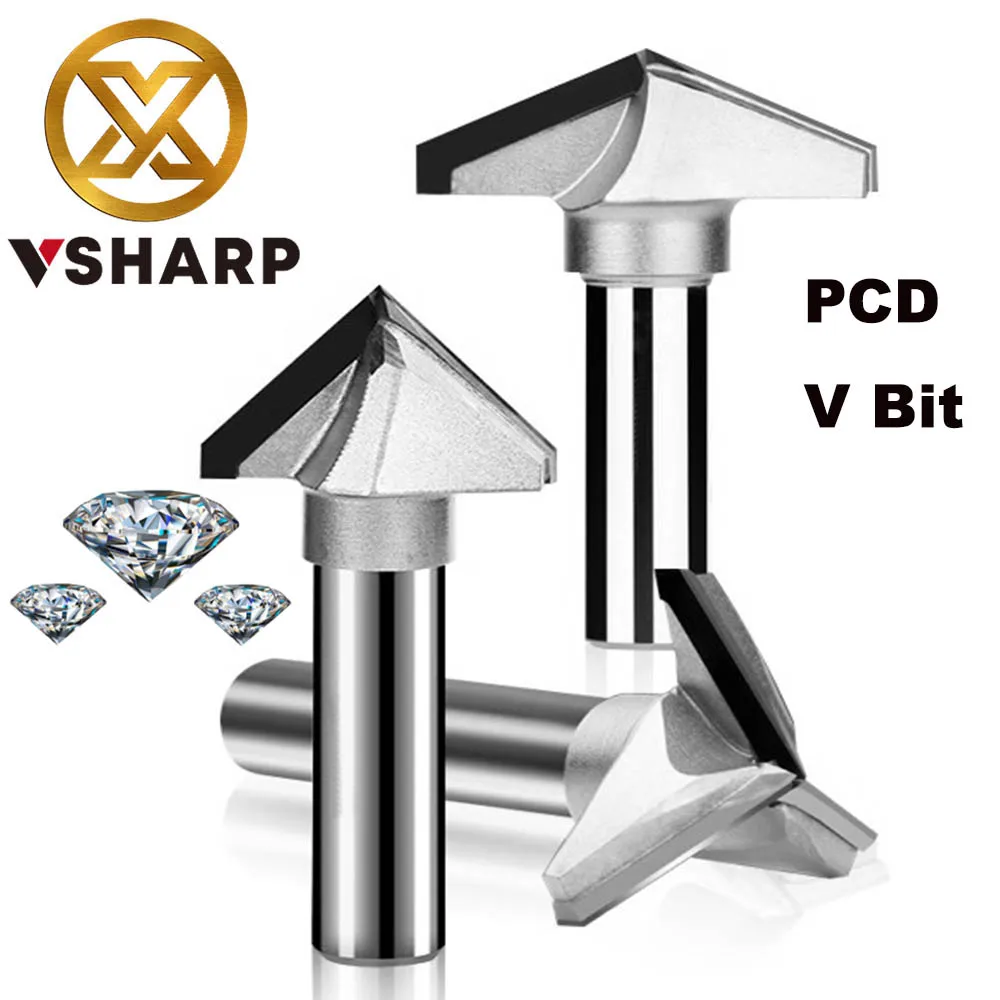 Vsharp-broca de enrutador Tipo V con revestimiento CVD de diamante, vástago de 1/2 pulgadas, para Molino de extremo de madera, cortador de