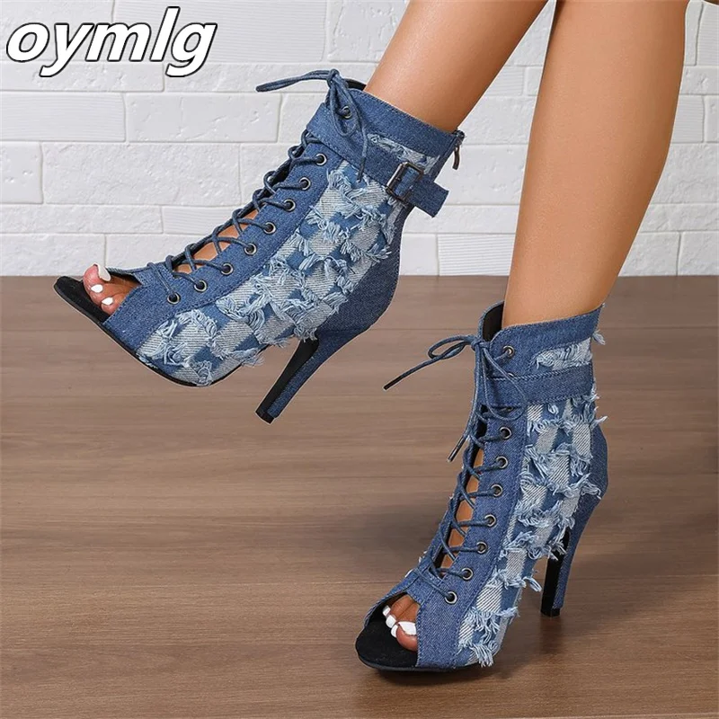 New large-sized high heeled fish mouth sandals for women\'s fashion slim heel denim style open toe sandals high heels