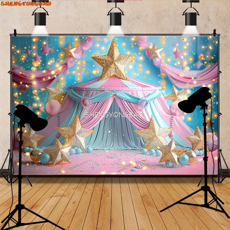 

SHENGYONGBAO Circus Tent With Striped Canopy Popcorn Photography Backdrops Balloons Birthday Party Decor Animal Background SD-09