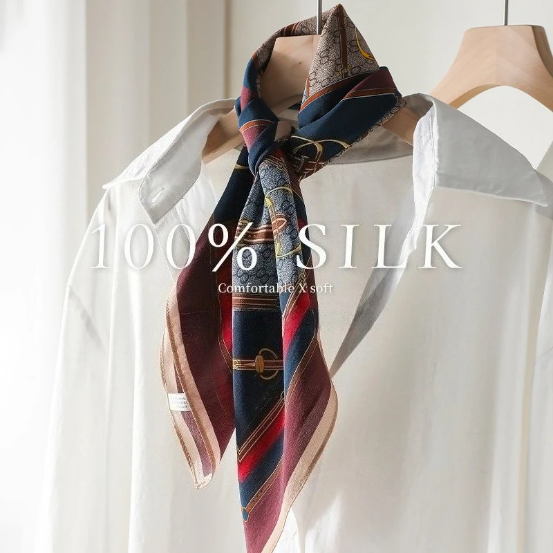 

Elegant Silk Scarf for Women French Vintage Double Crepe Mulberry Silk Neck Scarf Versatile Spring Autumn Bandana Shawl
