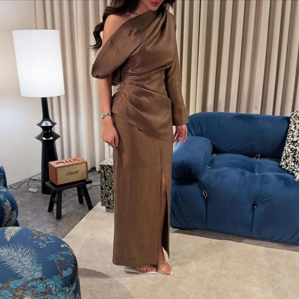 Robe de soirée élégante, asymétrique épaule dénudée, longue, décolleté asymétrique, Silhouette fluide, robe de mariée pour Banquet féminin