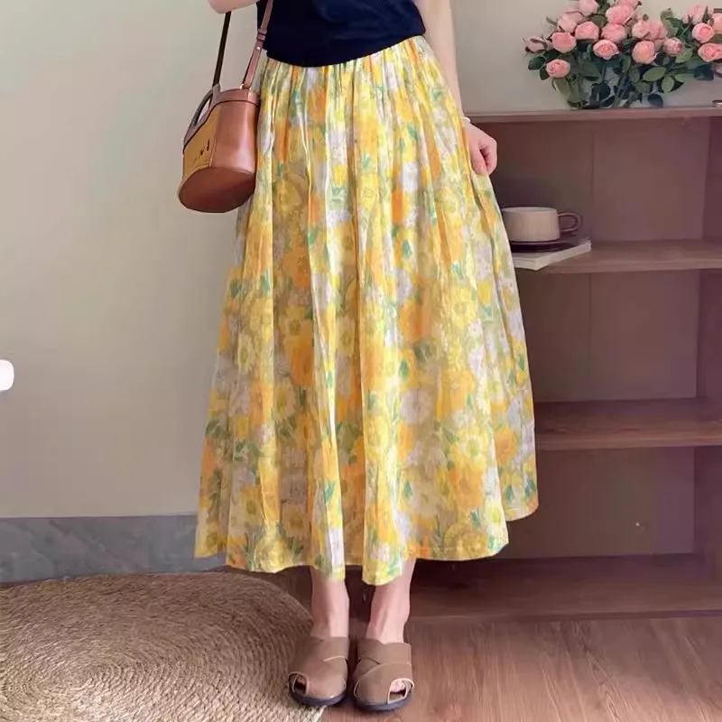 

Желтая акварельная хлопково-льняная юбка с цветочным принтом и высокой талией, юбка-миди трапециевидной формы, весна-лето, новинка для миниатюрных женщин