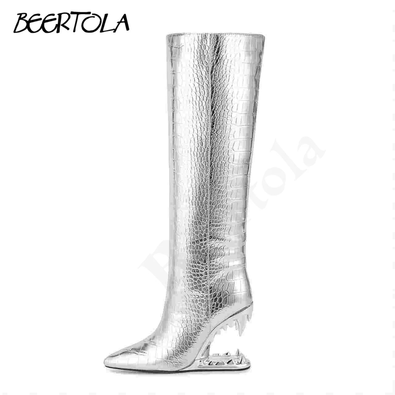 Women's Tooth Shaped Heel Silver Boots Pointed Plaid Fashion High Boots Designer Large Size Fashion Casual Special Women's Boots