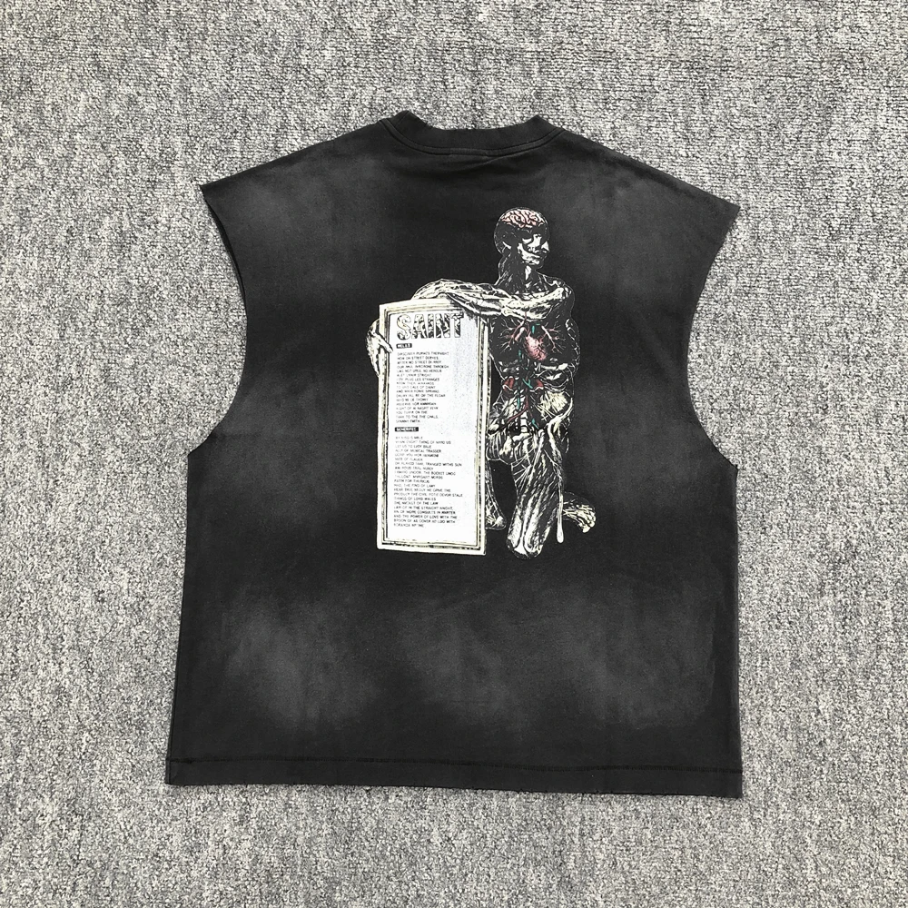 Yao Fashion Vintage Washed Old Pure Cotton Daliy Wear Casual  Sport Street Style Oversize Graphics Print Sleeveless Vest For Men