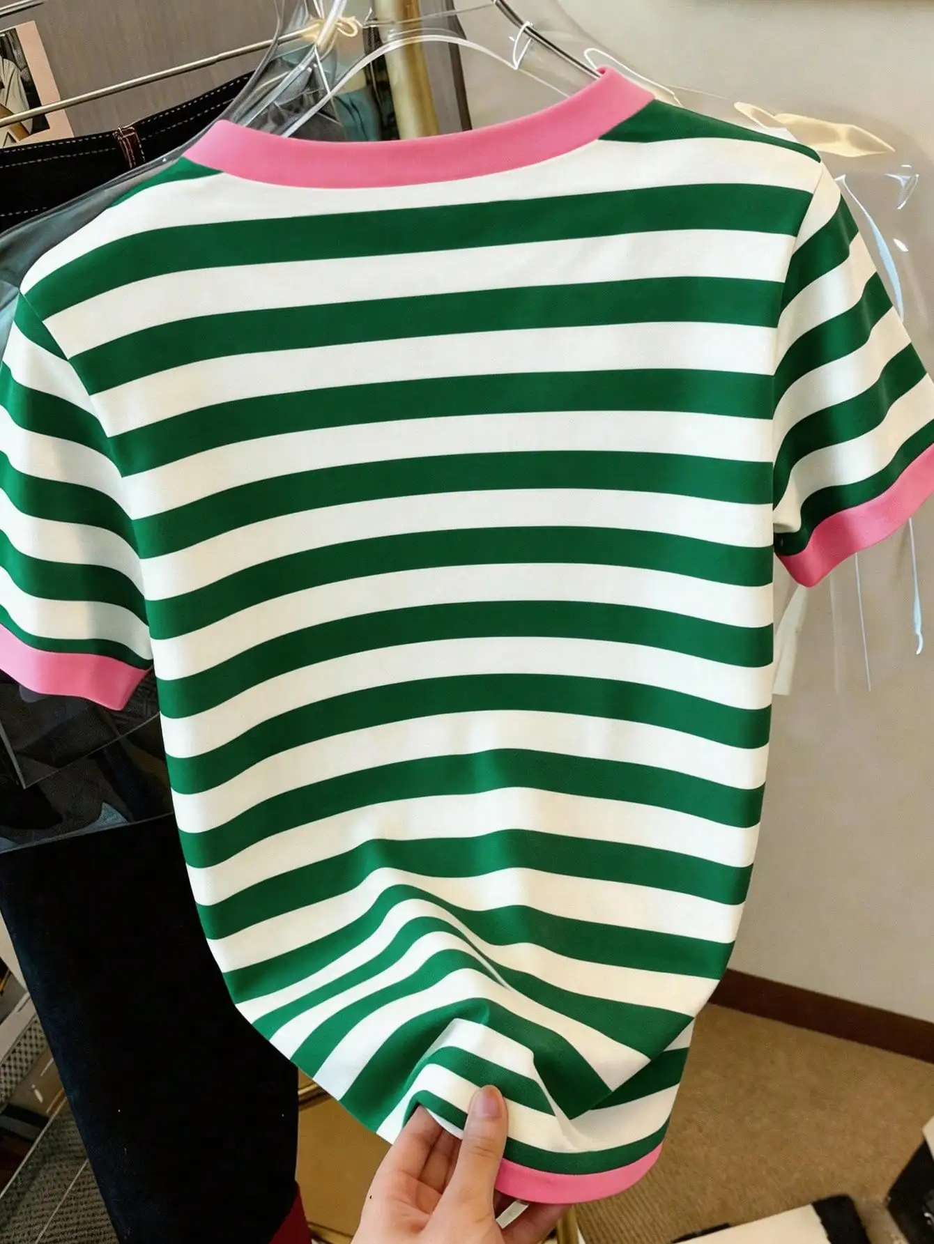 2026 Women Ringer T‑Shirt Pink Trim O‑Neck Short Sleeve Tee Green White Stripe Cursive Letter Print Slim Fit Summer Casual Top