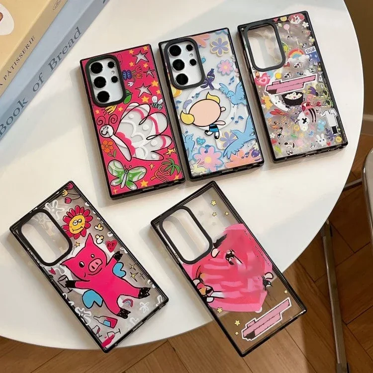 

Cartoon Girl Butterfly MagSafe Acrylic Black Border Case for Samsung Galaxy S22 S23 S24 Ultra S23+ S24 Plus Protective Shell