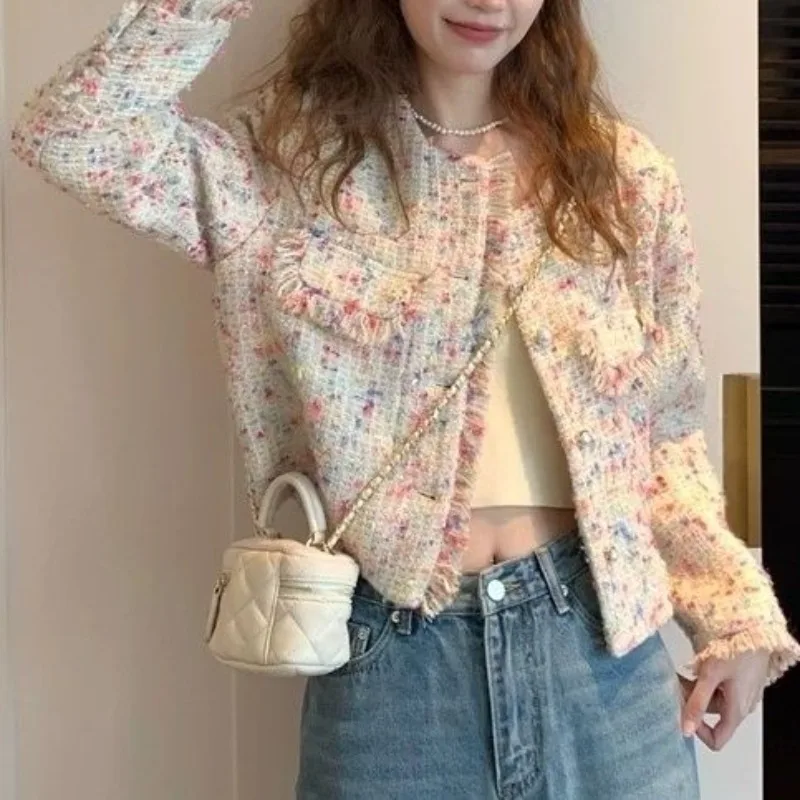 Women's Spring Autumn Cropped Tweed Jacket Rainbow Colours Coarse Weave Fringe Trim Outerwear Niche Market Chic Top