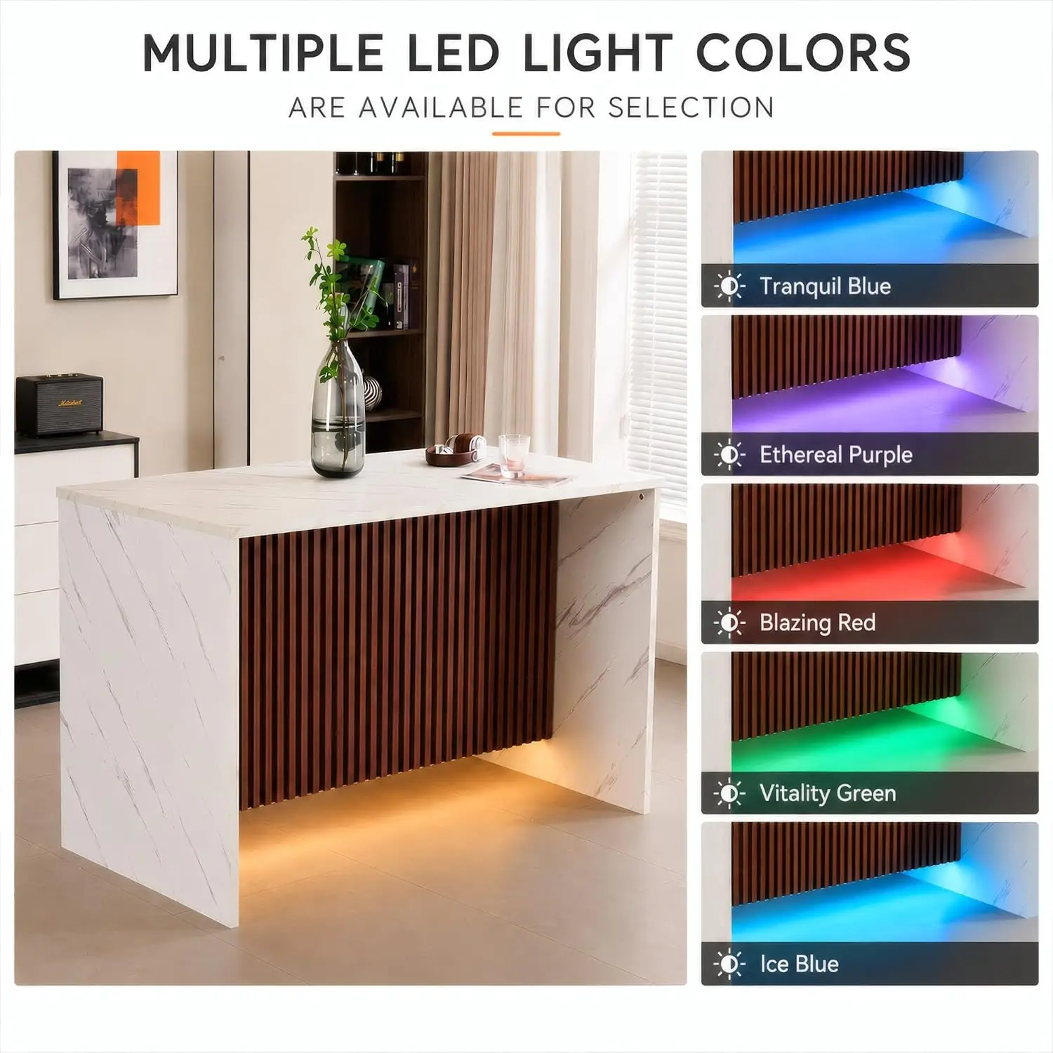 59" Marble Dining Table for 4-6 People, Modern Kitchen Island Table with Grille & LED Lights, White, Customized image 5