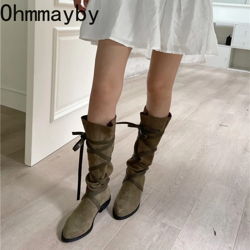 Botas de vaqueira ocidentais de dedo apontado para mulheres, alça cruzada, salto grosso, vintage, botas longas, moda, primavera, outono